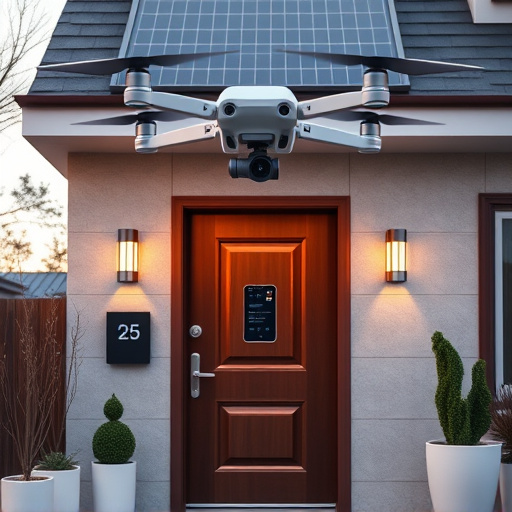 modular smart sensors on futuristic front door,energy efficient camera under solar panel,future-ready neighborhood surveillance drone,cloud-based home security dashboard on tablet,modern entryway with facial recognition access