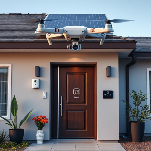 modular smart sensors on futuristic front door,energy efficient camera under solar panel,future-ready neighborhood surveillance drone,cloud-based home security dashboard on tablet,modern entryway with facial recognition access