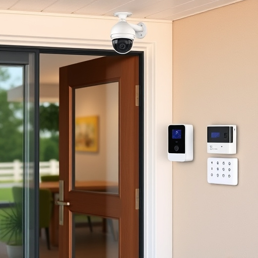 motion-activated surveillance camera under roof eaves,glass break sensor on sliding door,smart lock installed on modern front door,smart video doorbell on suburban porch,connected smart home with multiple sensors,security keypad on modern apartment wall