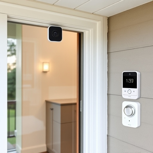 motion-activated surveillance camera under roof eaves,glass break sensor on sliding door,smart lock installed on modern front door,smart video doorbell on suburban porch,connected smart home with multiple sensors,security keypad on modern apartment wall