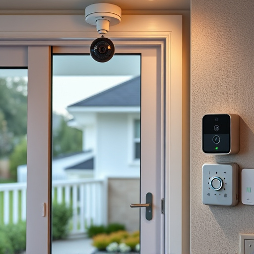 motion-activated surveillance camera under roof eaves,glass break sensor on sliding door,smart lock installed on modern front door,smart video doorbell on suburban porch,connected smart home with multiple sensors,security keypad on modern apartment wall