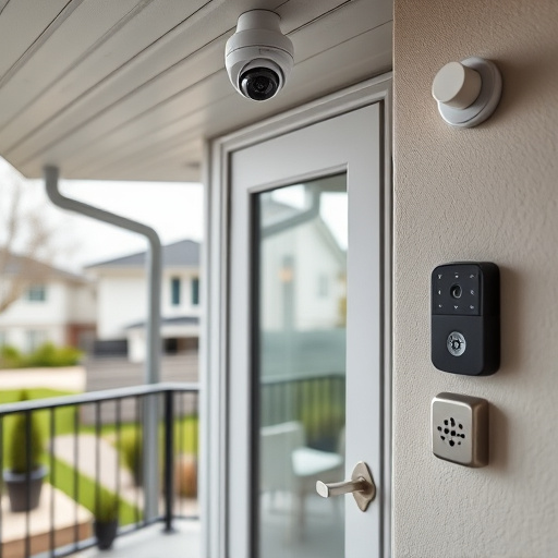 motion-activated surveillance camera under roof eaves,glass break sensor on sliding door,smart lock installed on modern front door,smart video doorbell on suburban porch,connected smart home with multiple sensors,security keypad on modern apartment wall