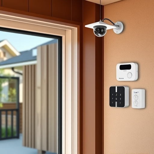 motion-activated surveillance camera under roof eaves,glass break sensor on sliding door,smart lock installed on modern front door,smart video doorbell on suburban porch,connected smart home with multiple sensors,security keypad on modern apartment wall