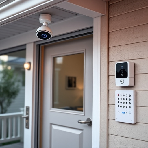 motion-activated surveillance camera under roof eaves,glass break sensor on sliding door,smart lock installed on modern front door,smart video doorbell on suburban porch,connected smart home with multiple sensors,security keypad on modern apartment wall