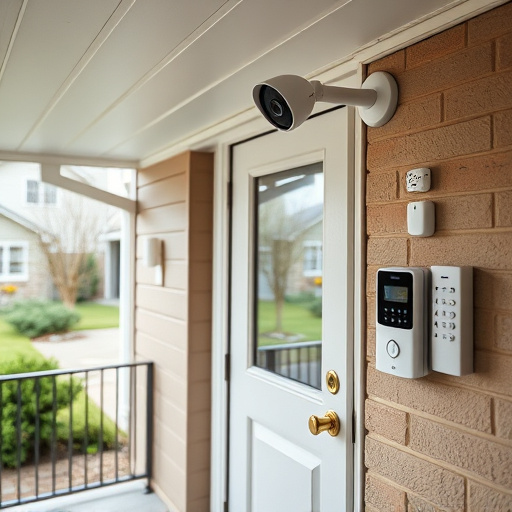 motion-activated surveillance camera under roof eaves,glass break sensor on sliding door,smart lock installed on modern front door,smart video doorbell on suburban porch,connected smart home with multiple sensors,security keypad on modern apartment wall