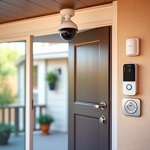 motion-activated surveillance camera under roof eaves,glass break sensor on sliding door,smart lock installed on modern front door,smart video doorbell on suburban porch,connected smart home with multiple sensors,security keypad on modern apartment wall