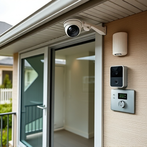 motion-activated surveillance camera under roof eaves,glass break sensor on sliding door,smart lock installed on modern front door,smart video doorbell on suburban porch,connected smart home with multiple sensors,security keypad on modern apartment wall