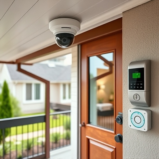 motion-activated surveillance camera under roof eaves,glass break sensor on sliding door,smart lock installed on modern front door,smart video doorbell on suburban porch,connected smart home with multiple sensors,security keypad on modern apartment wall