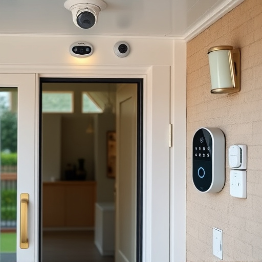 motion-activated surveillance camera under roof eaves,glass break sensor on sliding door,smart lock installed on modern front door,smart video doorbell on suburban porch,connected smart home with multiple sensors,security keypad on modern apartment wall