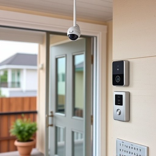 motion-activated surveillance camera under roof eaves,glass break sensor on sliding door,smart lock installed on modern front door,smart video doorbell on suburban porch,connected smart home with multiple sensors,security keypad on modern apartment wall