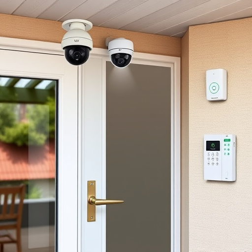motion-activated surveillance camera under roof eaves,glass break sensor on sliding door,smart lock installed on modern front door,smart video doorbell on suburban porch,connected smart home with multiple sensors,security keypad on modern apartment wall