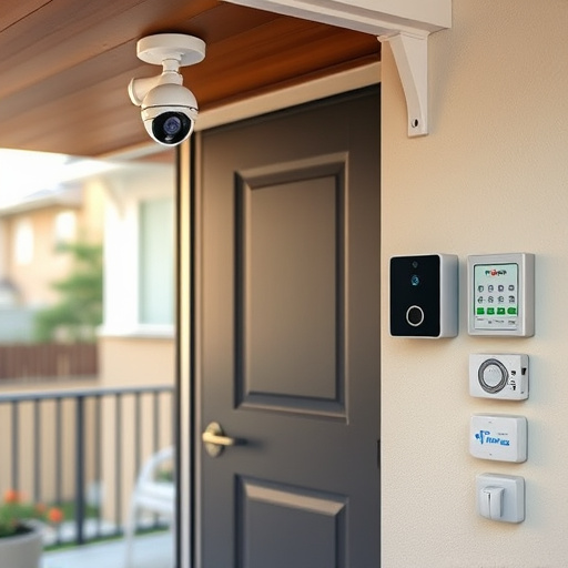 motion-activated surveillance camera under roof eaves,glass break sensor on sliding door,smart lock installed on modern front door,smart video doorbell on suburban porch,connected smart home with multiple sensors,security keypad on modern apartment wall