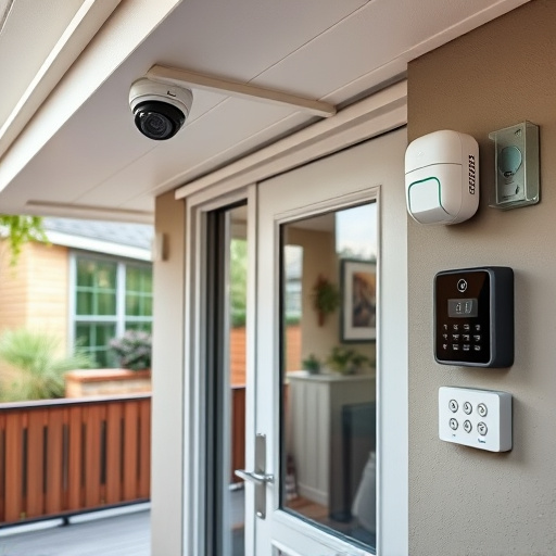 motion-activated surveillance camera under roof eaves,glass break sensor on sliding door,smart lock installed on modern front door,smart video doorbell on suburban porch,connected smart home with multiple sensors,security keypad on modern apartment wall