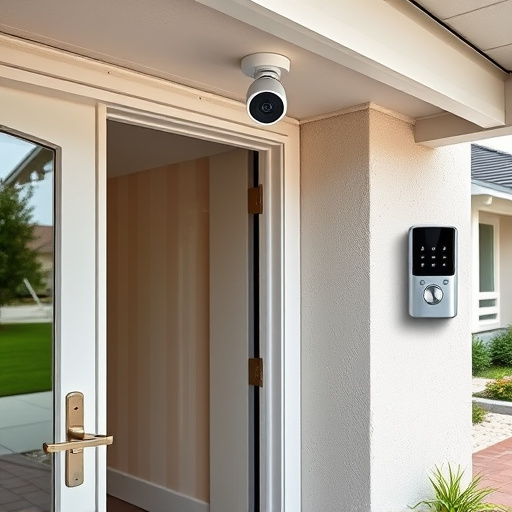 motion-activated surveillance camera under roof eaves,glass break sensor on sliding door,smart lock installed on modern front door,smart video doorbell on suburban porch,connected smart home with multiple sensors,security keypad on modern apartment wall