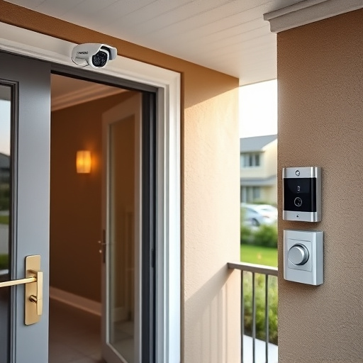 motion-activated surveillance camera under roof eaves,glass break sensor on sliding door,smart lock installed on modern front door,smart video doorbell on suburban porch,connected smart home with multiple sensors,security keypad on modern apartment wall