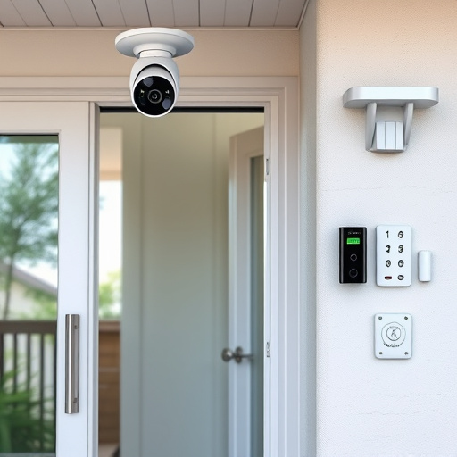 motion-activated surveillance camera under roof eaves,glass break sensor on sliding door,smart lock installed on modern front door,smart video doorbell on suburban porch,connected smart home with multiple sensors,security keypad on modern apartment wall