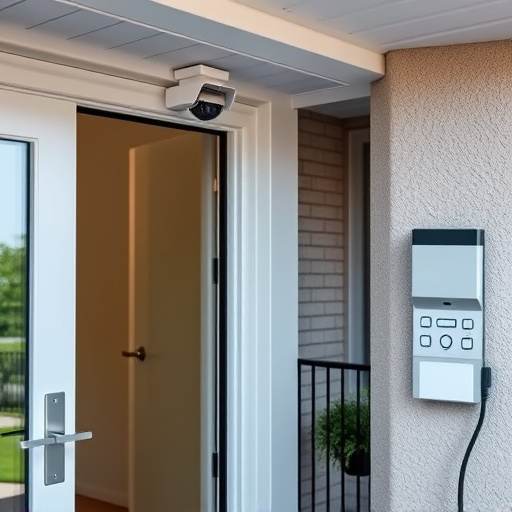 motion-activated surveillance camera under roof eaves,glass break sensor on sliding door,smart lock installed on modern front door,smart video doorbell on suburban porch,connected smart home with multiple sensors,security keypad on modern apartment wall