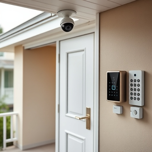 motion-activated surveillance camera under roof eaves,glass break sensor on sliding door,smart lock installed on modern front door,smart video doorbell on suburban porch,connected smart home with multiple sensors,security keypad on modern apartment wall