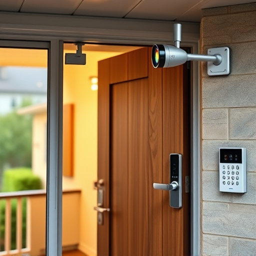 motion-activated surveillance camera under roof eaves,glass break sensor on sliding door,smart lock installed on modern front door,smart video doorbell on suburban porch,connected smart home with multiple sensors,security keypad on modern apartment wall