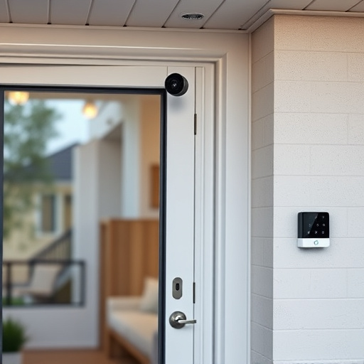 motion-activated surveillance camera under roof eaves,glass break sensor on sliding door,smart lock installed on modern front door,smart video doorbell on suburban porch,connected smart home with multiple sensors,security keypad on modern apartment wall