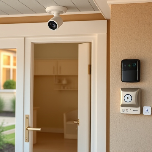 motion-activated surveillance camera under roof eaves,glass break sensor on sliding door,smart lock installed on modern front door,smart video doorbell on suburban porch,connected smart home with multiple sensors,security keypad on modern apartment wall