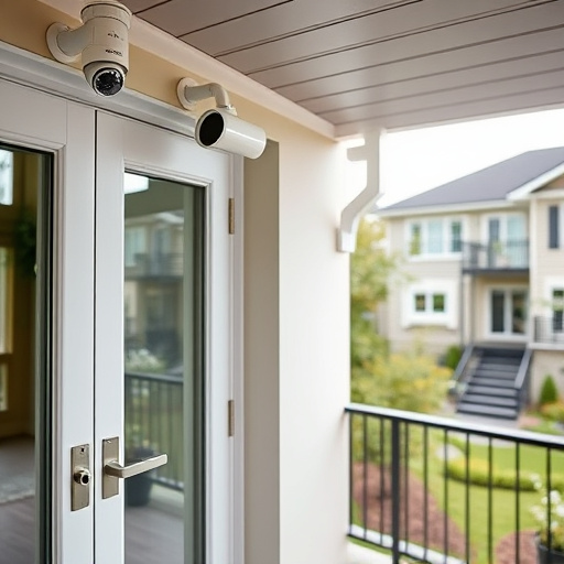 motion-activated surveillance camera under roof eaves,glass break sensor on sliding door,smart lock installed on modern front door,smart video doorbell on suburban porch,connected smart home with multiple sensors,security keypad on modern apartment wall