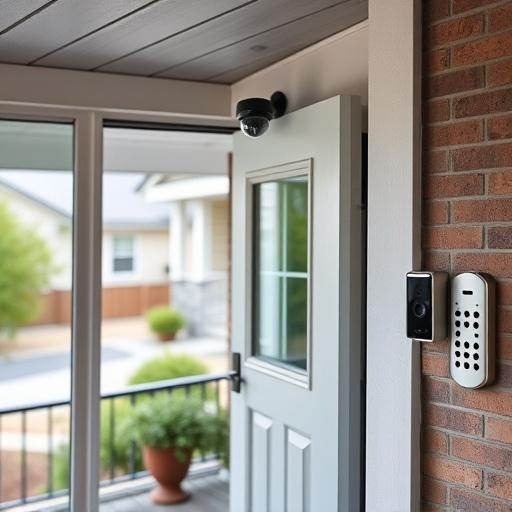 motion-activated surveillance camera under roof eaves,glass break sensor on sliding door,smart lock installed on modern front door,smart video doorbell on suburban porch,connected smart home with multiple sensors,security keypad on modern apartment wall