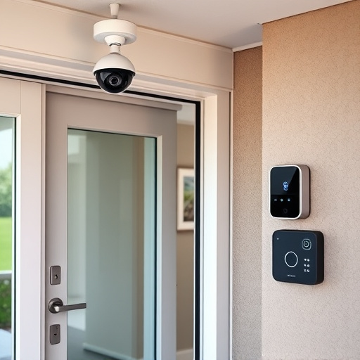 motion-activated surveillance camera under roof eaves,glass break sensor on sliding door,smart lock installed on modern front door,smart video doorbell on suburban porch,connected smart home with multiple sensors,security keypad on modern apartment wall