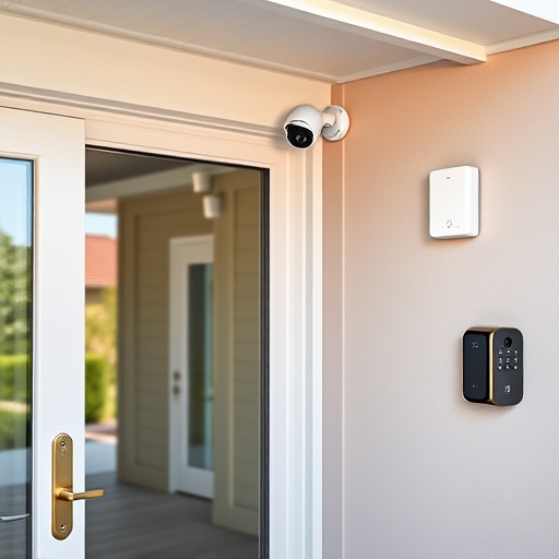 motion-activated surveillance camera under roof eaves,glass break sensor on sliding door,smart lock installed on modern front door,smart video doorbell on suburban porch,connected smart home with multiple sensors,security keypad on modern apartment wall