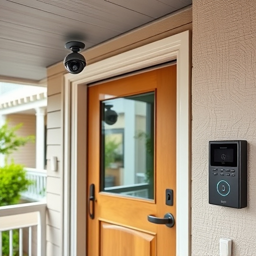 motion-activated surveillance camera under roof eaves,glass break sensor on sliding door,smart lock installed on modern front door,smart video doorbell on suburban porch,connected smart home with multiple sensors,security keypad on modern apartment wall