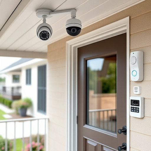 motion-activated surveillance camera under roof eaves,glass break sensor on sliding door,smart lock installed on modern front door,smart video doorbell on suburban porch,connected smart home with multiple sensors,security keypad on modern apartment wall