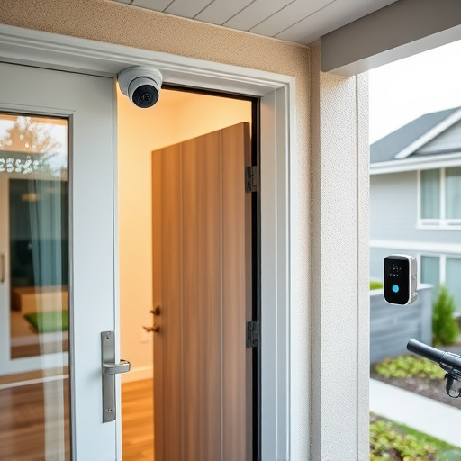 motion-activated surveillance camera under roof eaves,glass break sensor on sliding door,smart lock installed on modern front door,smart video doorbell on suburban porch,connected smart home with multiple sensors,security keypad on modern apartment wall