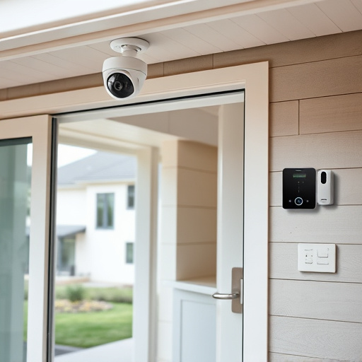 motion-activated surveillance camera under roof eaves,glass break sensor on sliding door,smart lock installed on modern front door,smart video doorbell on suburban porch,connected smart home with multiple sensors,security keypad on modern apartment wall
