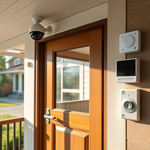motion-activated surveillance camera under roof eaves,glass break sensor on sliding door,smart lock installed on modern front door,smart video doorbell on suburban porch,connected smart home with multiple sensors,security keypad on modern apartment wall