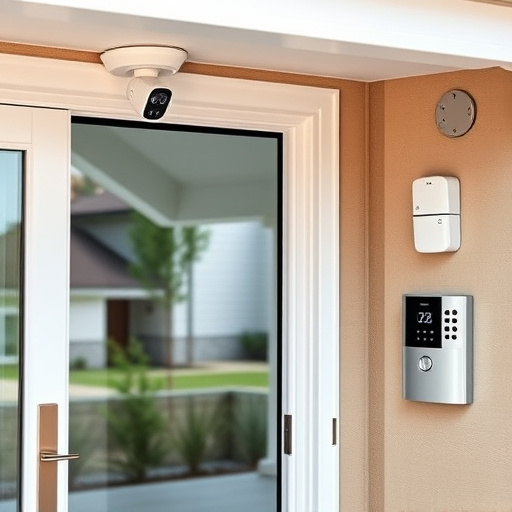 motion-activated surveillance camera under roof eaves,glass break sensor on sliding door,smart lock installed on modern front door,smart video doorbell on suburban porch,connected smart home with multiple sensors,security keypad on modern apartment wall