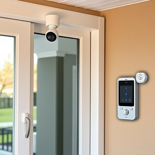 motion-activated surveillance camera under roof eaves,glass break sensor on sliding door,smart lock installed on modern front door,smart video doorbell on suburban porch,connected smart home with multiple sensors,security keypad on modern apartment wall