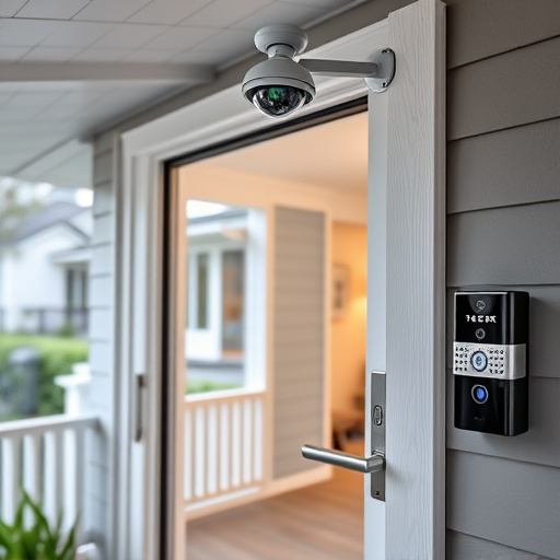 motion-activated surveillance camera under roof eaves,glass break sensor on sliding door,smart lock installed on modern front door,smart video doorbell on suburban porch,connected smart home with multiple sensors,security keypad on modern apartment wall