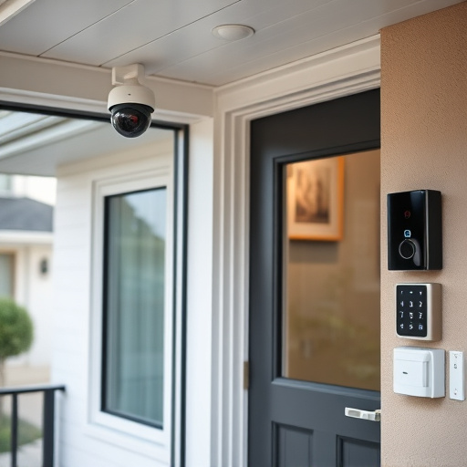 motion-activated surveillance camera under roof eaves,glass break sensor on sliding door,smart lock installed on modern front door,smart video doorbell on suburban porch,connected smart home with multiple sensors,security keypad on modern apartment wall