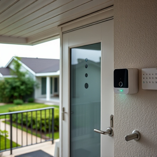 motion-activated surveillance camera under roof eaves,glass break sensor on sliding door,smart lock installed on modern front door,smart video doorbell on suburban porch,connected smart home with multiple sensors,security keypad on modern apartment wall