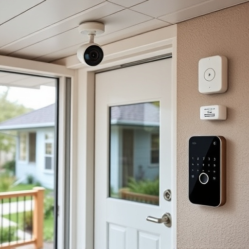 motion-activated surveillance camera under roof eaves,glass break sensor on sliding door,smart lock installed on modern front door,smart video doorbell on suburban porch,connected smart home with multiple sensors,security keypad on modern apartment wall