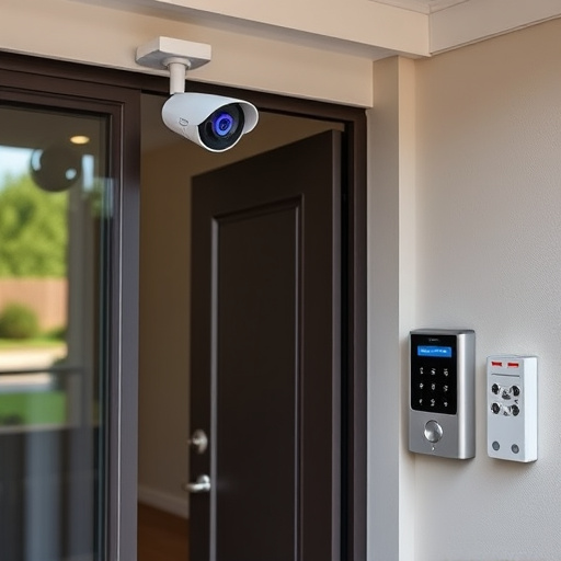 motion-activated surveillance camera under roof eaves,glass break sensor on sliding door,smart lock installed on modern front door,smart video doorbell on suburban porch,connected smart home with multiple sensors,security keypad on modern apartment wall