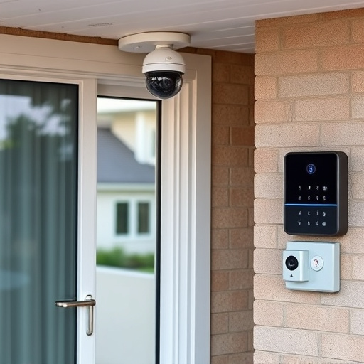 motion-activated surveillance camera under roof eaves,glass break sensor on sliding door,smart lock installed on modern front door,smart video doorbell on suburban porch,connected smart home with multiple sensors,security keypad on modern apartment wall
