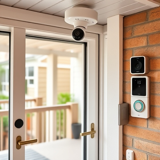 motion-activated surveillance camera under roof eaves,glass break sensor on sliding door,smart lock installed on modern front door,smart video doorbell on suburban porch,connected smart home with multiple sensors,security keypad on modern apartment wall