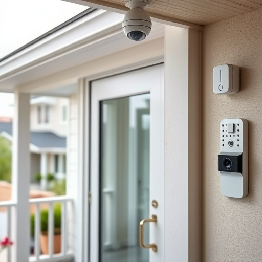 motion-activated surveillance camera under roof eaves,glass break sensor on sliding door,smart lock installed on modern front door,smart video doorbell on suburban porch,connected smart home with multiple sensors,security keypad on modern apartment wall