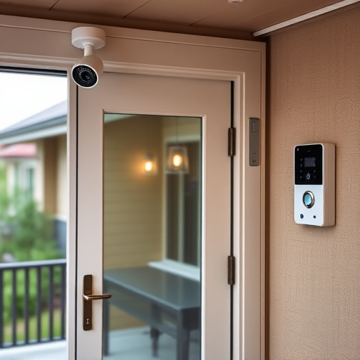 motion-activated surveillance camera under roof eaves,glass break sensor on sliding door,smart lock installed on modern front door,smart video doorbell on suburban porch,connected smart home with multiple sensors,security keypad on modern apartment wall