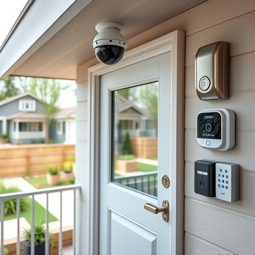 motion-activated surveillance camera under roof eaves,glass break sensor on sliding door,smart lock installed on modern front door,smart video doorbell on suburban porch,connected smart home with multiple sensors,security keypad on modern apartment wall