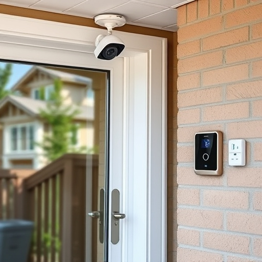 motion-activated surveillance camera under roof eaves,glass break sensor on sliding door,smart lock installed on modern front door,smart video doorbell on suburban porch,connected smart home with multiple sensors,security keypad on modern apartment wall