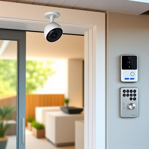 motion-activated surveillance camera under roof eaves,glass break sensor on sliding door,smart lock installed on modern front door,smart video doorbell on suburban porch,connected smart home with multiple sensors,security keypad on modern apartment wall