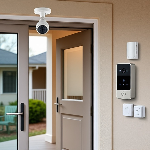 motion-activated surveillance camera under roof eaves,glass break sensor on sliding door,smart lock installed on modern front door,smart video doorbell on suburban porch,connected smart home with multiple sensors,security keypad on modern apartment wall