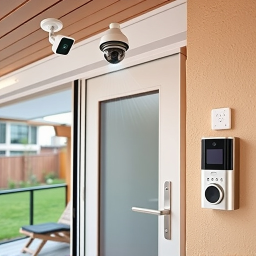 motion-activated surveillance camera under roof eaves,glass break sensor on sliding door,smart lock installed on modern front door,smart video doorbell on suburban porch,connected smart home with multiple sensors,security keypad on modern apartment wall